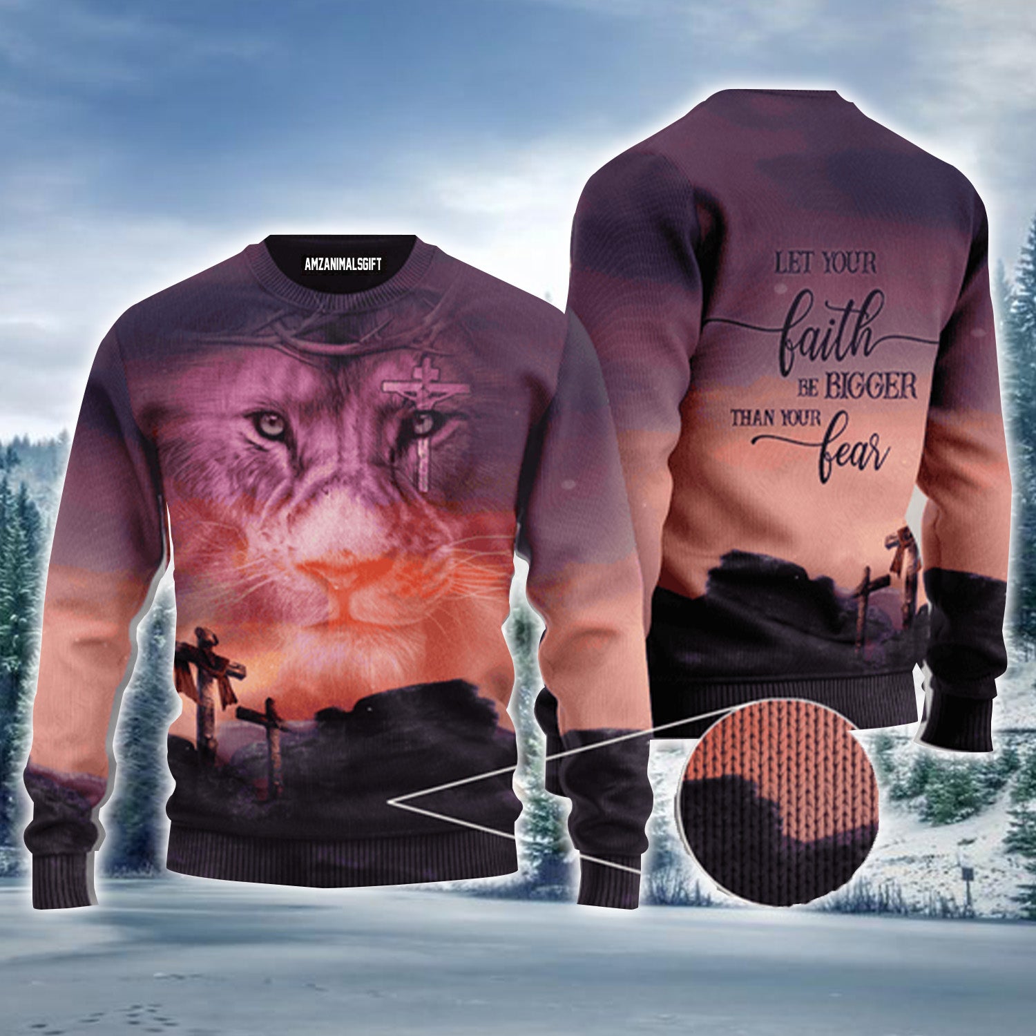 Sunset Cross Lion Let Your Faith Be Bigger Urly Sweater, Christmas Sweater For Men & Women - Perfect Gift For New Year, Winter, Christmas