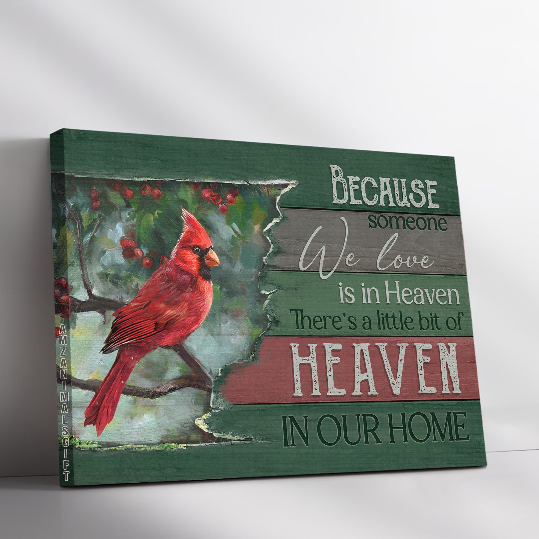 Memorial Premium Wrapped Landscape Canvas - Beautiful Cardinal, Green Forest, Cranberry, Because Someone We Love Is In Heaven - Gift For Members Family