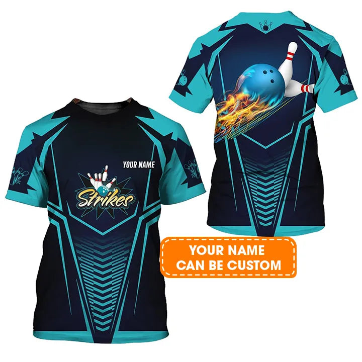 Bowling Custom Name T Shirt, Bowling Strikes Blue Bowling Ball Crashing The Pins Personalized T-Shirt For Men, Perfect Gift For Bowling Lovers, Bowler