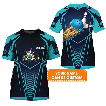 Bowling Custom Name T Shirt, Bowling Strikes Blue Bowling Ball Crashing The Pins Personalized T-Shirt For Men, Perfect Gift For Bowling Lovers, Bowler