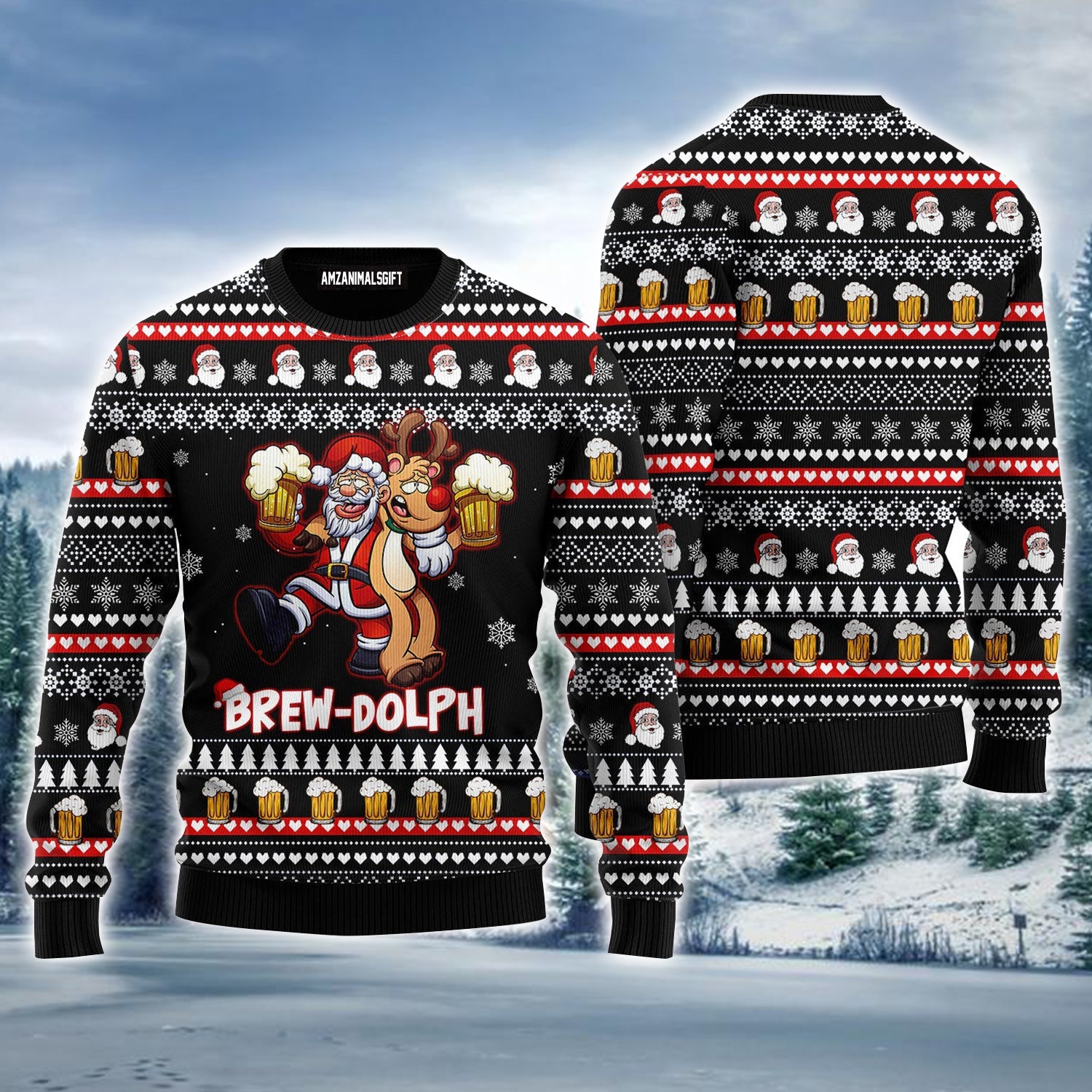 Brewdolph Reindeer Ugly Sweater, Christmas Ugly Sweater, Santa Drink Beer Ugly Sweater For Men & Women - Perfect Gift For Christmas, Family, Friends