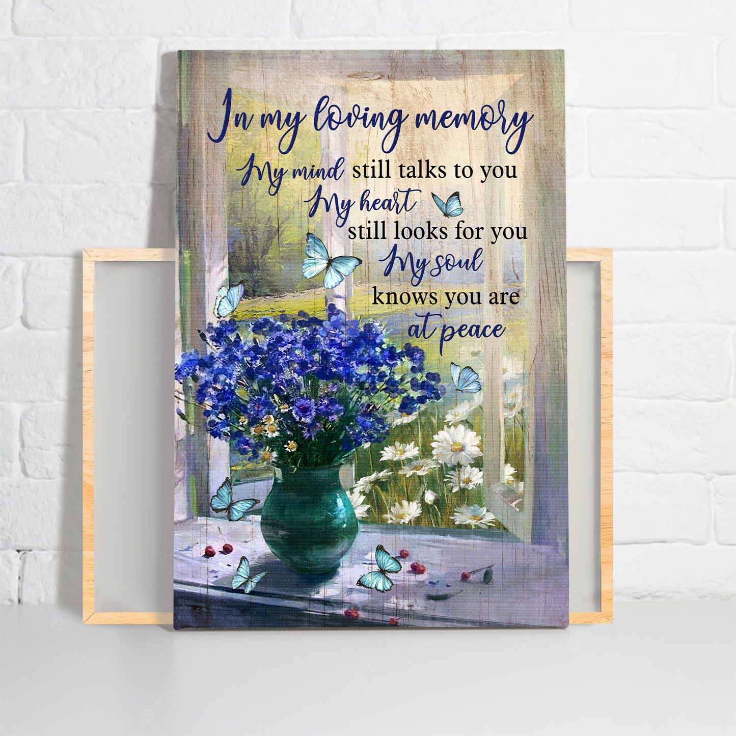 Memorial Premium Wrapped Portrait Canvas - Blue Flower Vase By The Window, Blue Butterfly, My Heart Still Looks For You - Gift For Members Family