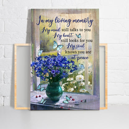 Memorial Premium Wrapped Portrait Canvas - Blue Flower Vase By The Window, Blue Butterfly, My Heart Still Looks For You - Gift For Members Family