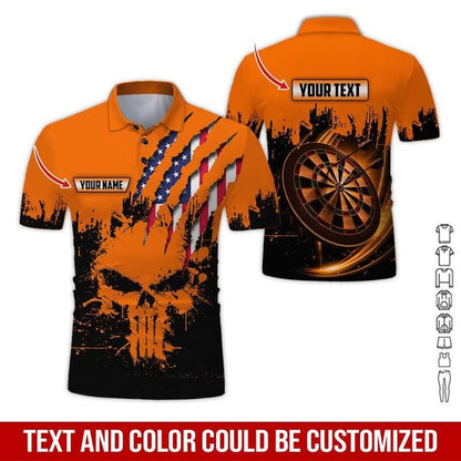 Customized Name & Text Darts Polo Shirt, Skull American Flag Personalized Name Darts Polo Shirt For Men - Perfect Gift For Darts Lovers, Darts Players