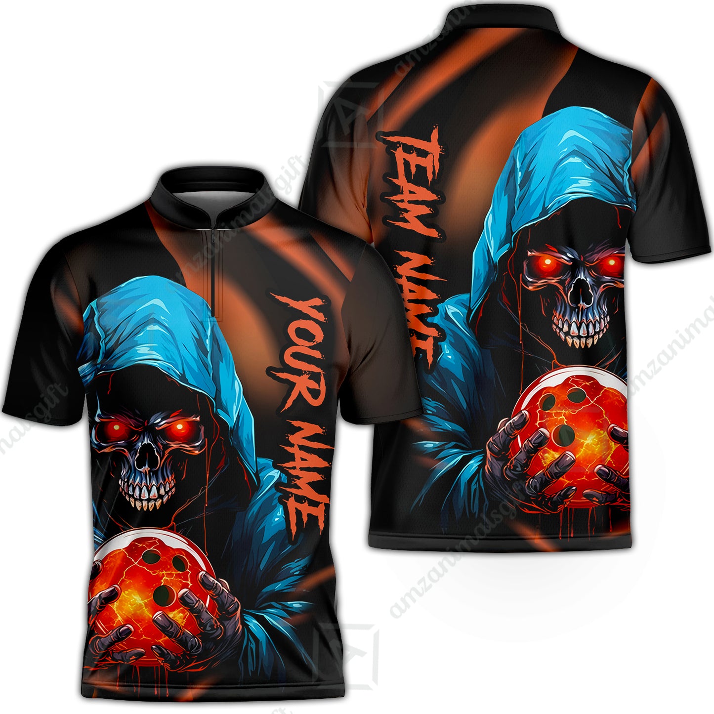 Customized Bowling Polo, Grim Reaper Skull Bowling Jerseys Bowler Outfit Custom Name And Team Name Shirt