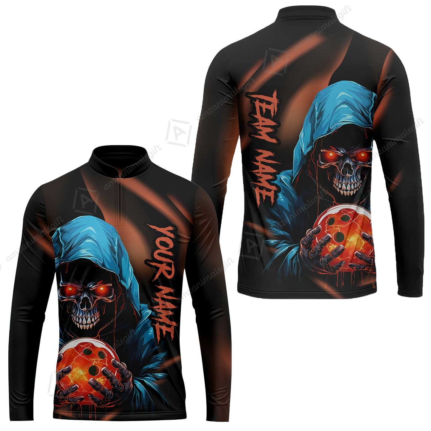 Customized Bowling Polo, Grim Reaper Skull Bowling Jerseys Bowler Outfit Custom Name And Team Name Shirt