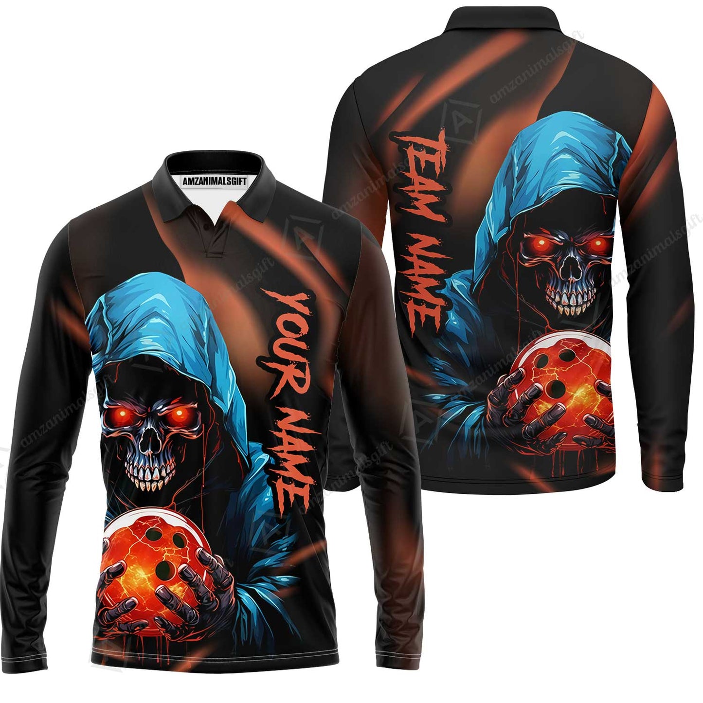 Customized Bowling Polo, Grim Reaper Skull Bowling Jerseys Bowler Outfit Custom Name And Team Name Shirt