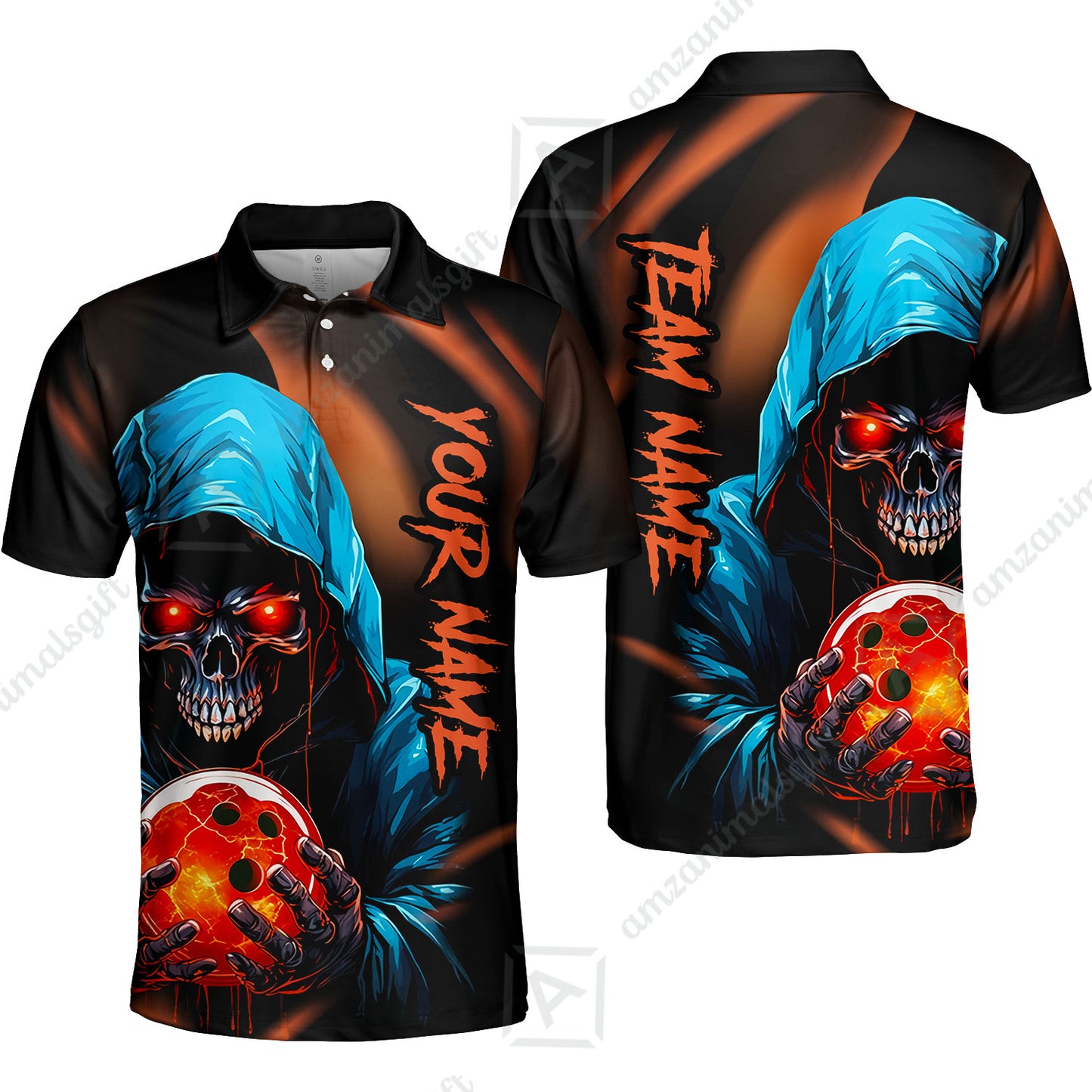 Customized Bowling Polo, Grim Reaper Skull Bowling Jerseys Bowler Outfit Custom Name And Team Name Shirt