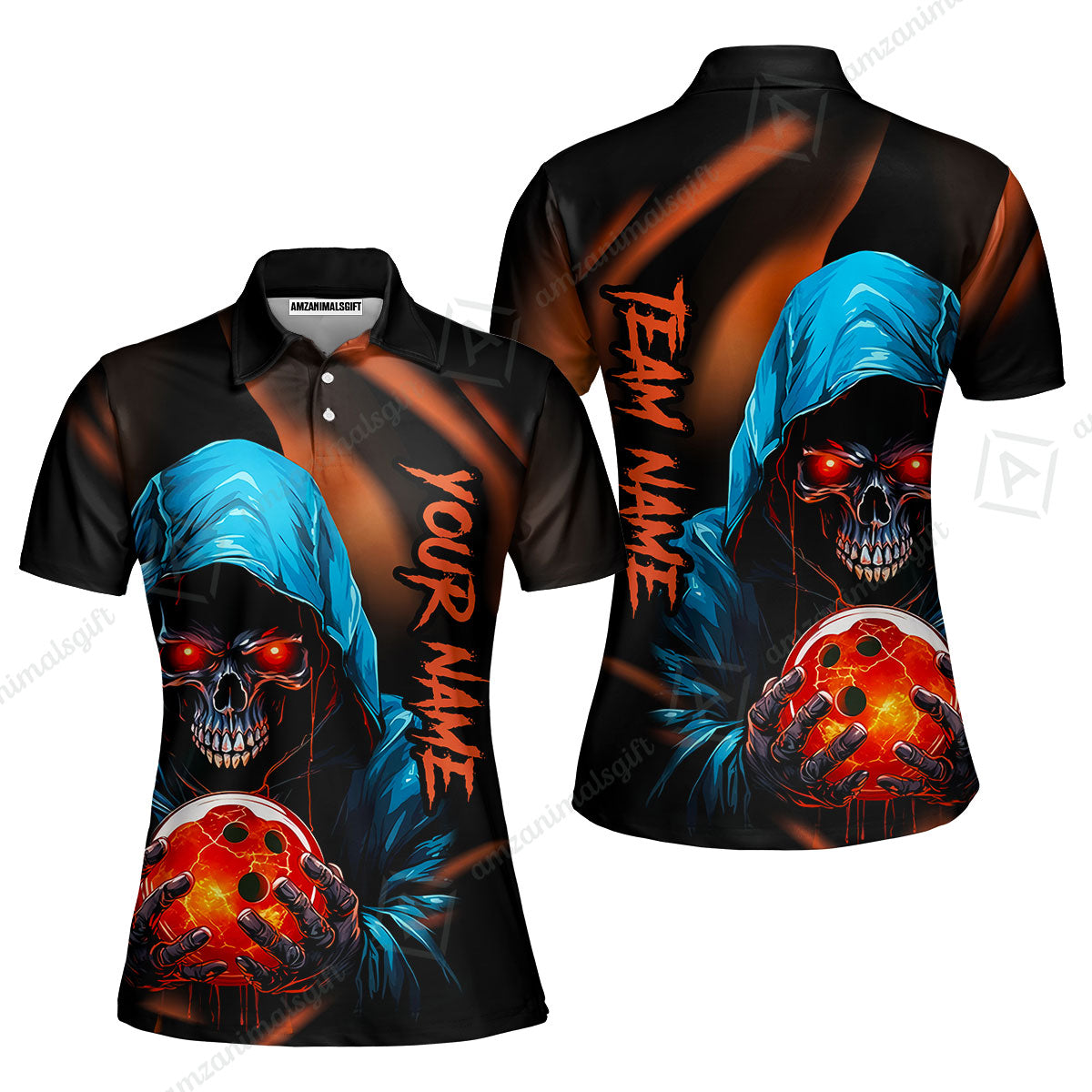 Customized Bowling Polo, Grim Reaper Skull Bowling Jerseys Bowler Outfit Custom Name And Team Name Shirt