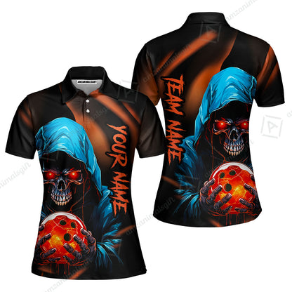 Customized Bowling Polo, Grim Reaper Skull Bowling Jerseys Bowler Outfit Custom Name And Team Name Shirt