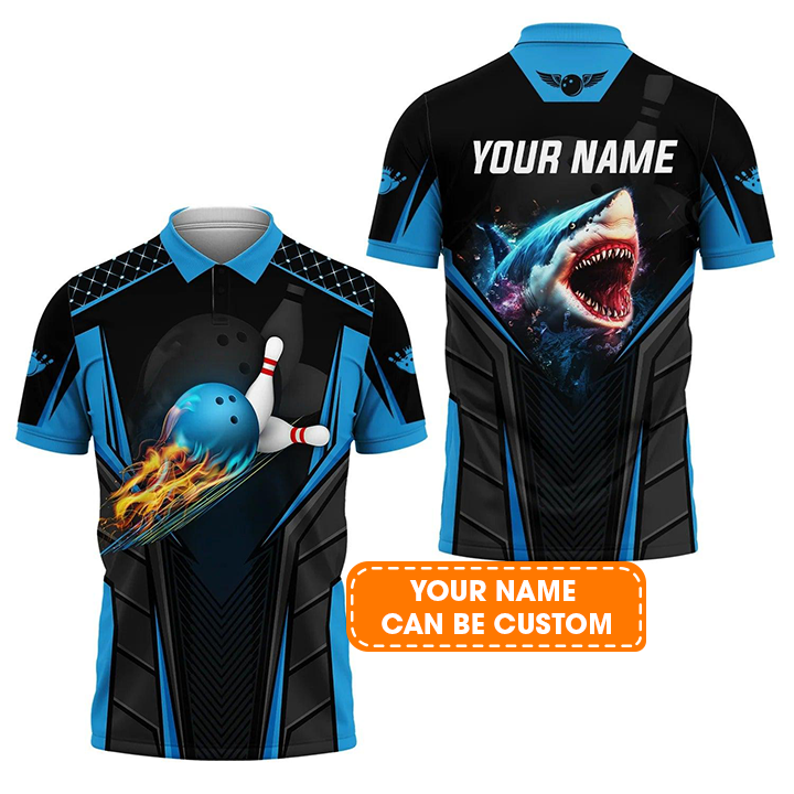 Bowling Custom Men Polo Shirt - Custom Name Shark Team Blue Bowling Ball Personalized Bowling Polo Shirt - Perfect Gift For Friend, Family