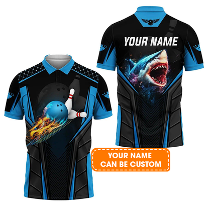 Bowling Custom Men Polo Shirt - Custom Name Shark Team Blue Bowling Ball Personalized Bowling Polo Shirt - Perfect Gift For Friend, Family