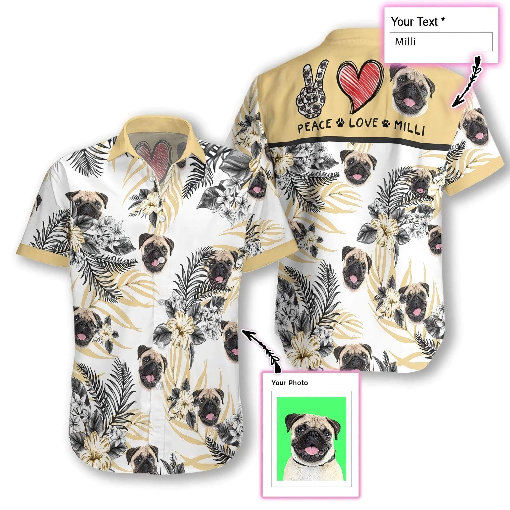 Dog Aloha Hawaiian Shirts With Dog Face - Peace Love Custom Dog Face Photo With Tropical Pattern Personalized Aloha Hawaiian Shirts & Tops