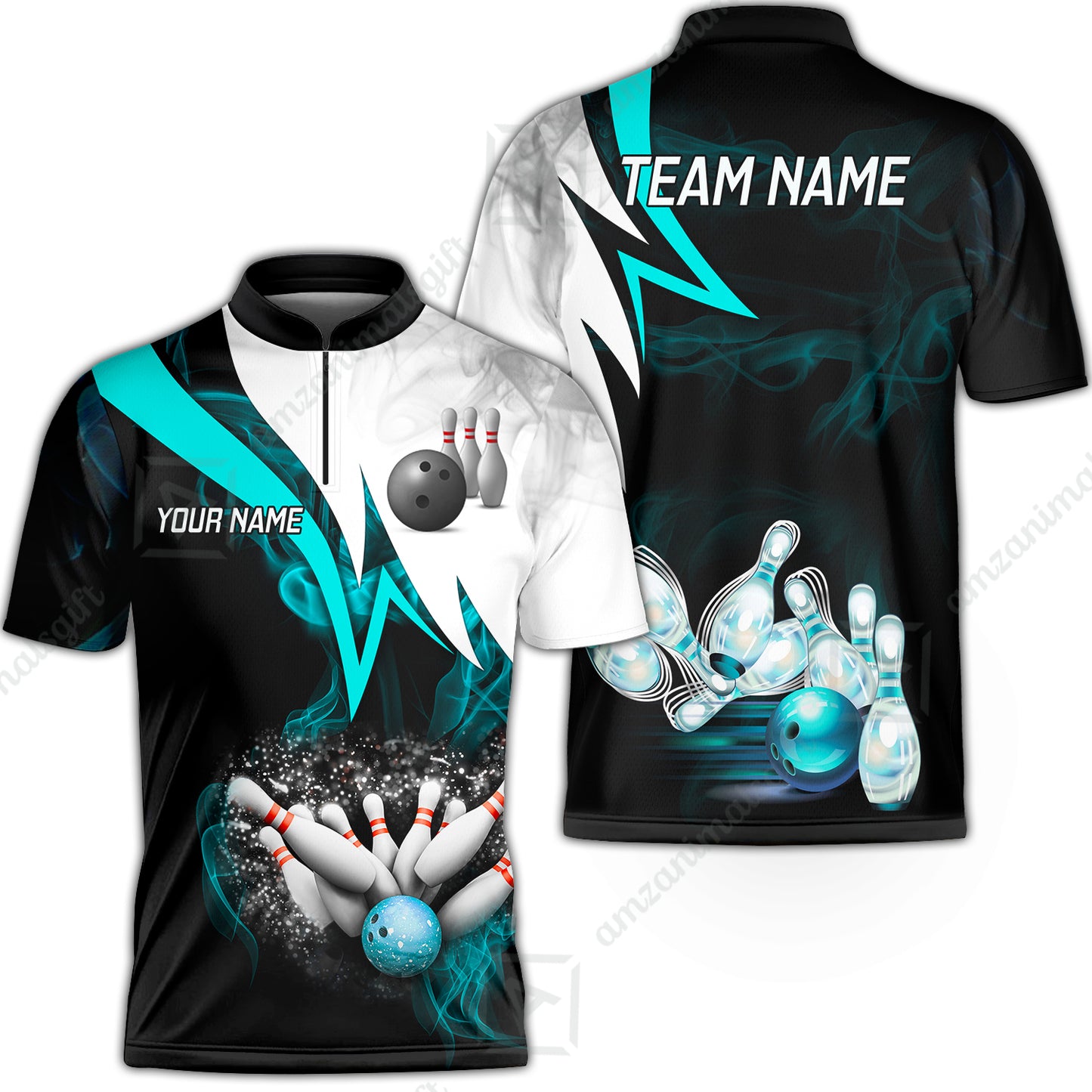Customized Bowling Polo, Cyan Smoke Pattern Bowling And Pins Premium Customized Name And Team Name Jerseys Polo Shirts