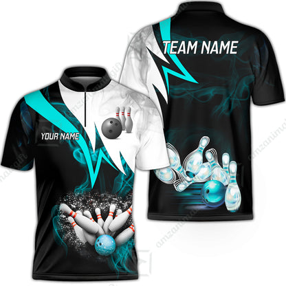 Customized Bowling Polo, Cyan Smoke Pattern Bowling And Pins Premium Customized Name And Team Name Jerseys Polo Shirts