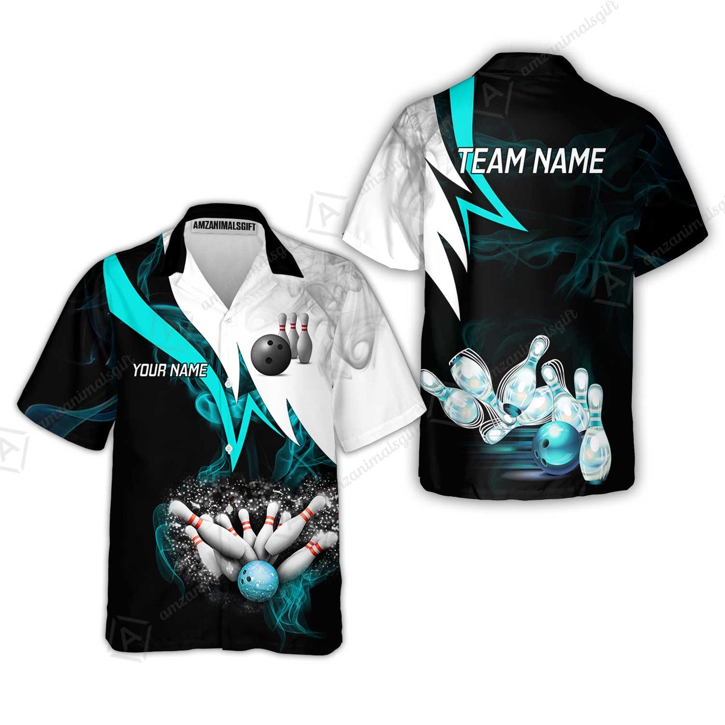 Customized Bowling Polo, Cyan Smoke Pattern Bowling And Pins Premium Customized Name And Team Name Jerseys Polo Shirts
