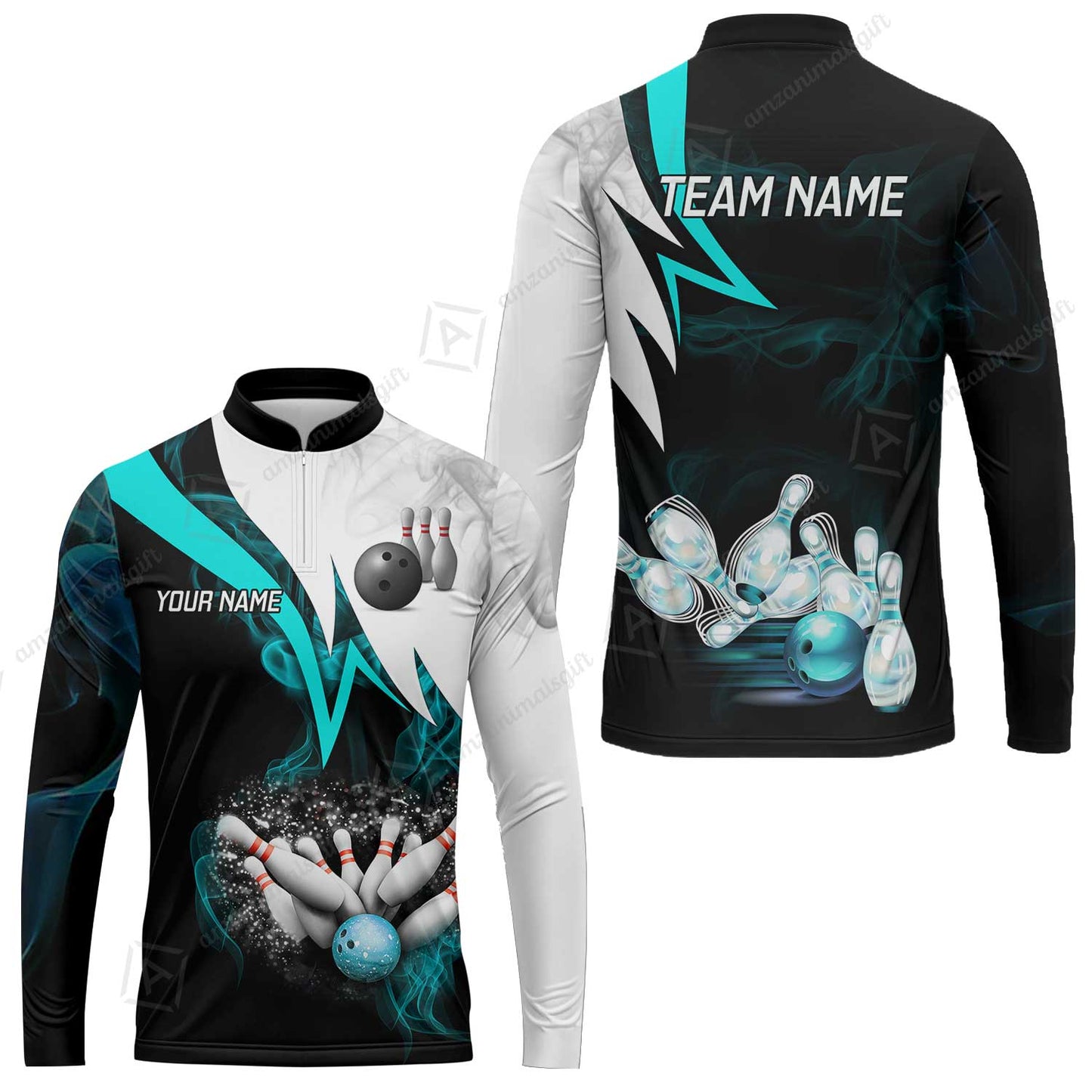 Customized Bowling Polo, Cyan Smoke Pattern Bowling And Pins Premium Customized Name And Team Name Jerseys Polo Shirts
