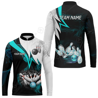 Customized Bowling Polo, Cyan Smoke Pattern Bowling And Pins Premium Customized Name And Team Name Jerseys Polo Shirts