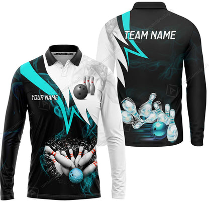 Customized Bowling Polo, Cyan Smoke Pattern Bowling And Pins Premium Customized Name And Team Name Jerseys Polo Shirts