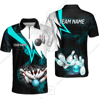 Customized Bowling Polo, Cyan Smoke Pattern Bowling And Pins Premium Customized Name And Team Name Jerseys Polo Shirts