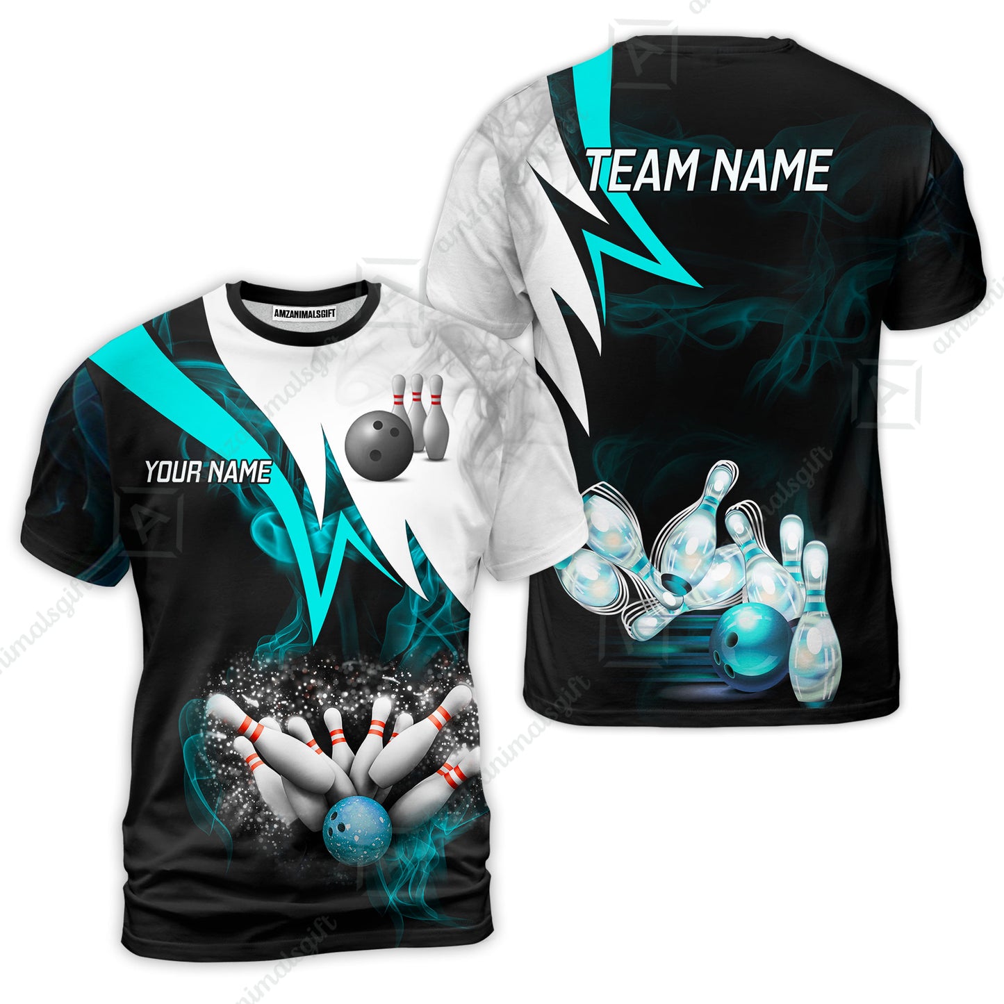 Customized Bowling Polo, Cyan Smoke Pattern Bowling And Pins Premium Customized Name And Team Name Jerseys Polo Shirts
