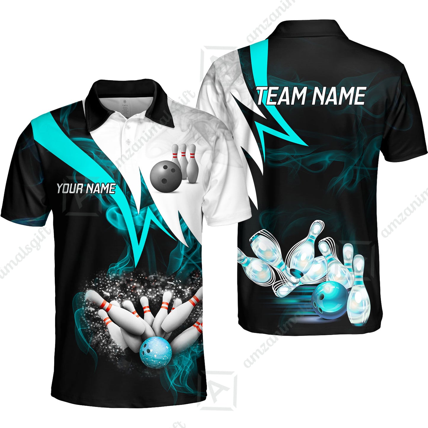 Customized Bowling Polo, Cyan Smoke Pattern Bowling And Pins Premium Customized Name And Team Name Jerseys Polo Shirts