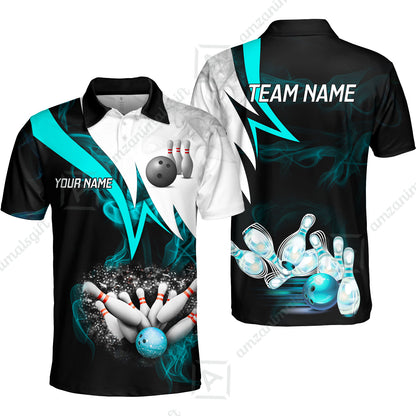 Customized Bowling Polo, Cyan Smoke Pattern Bowling And Pins Premium Customized Name And Team Name Jerseys Polo Shirts