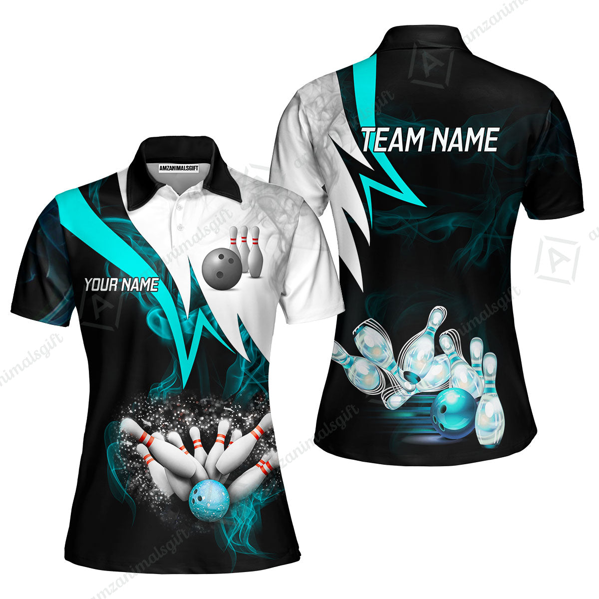 Customized Bowling Polo, Cyan Smoke Pattern Bowling And Pins Premium Customized Name And Team Name Jerseys Polo Shirts