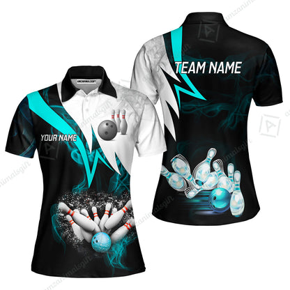 Customized Bowling Polo, Cyan Smoke Pattern Bowling And Pins Premium Customized Name And Team Name Jerseys Polo Shirts