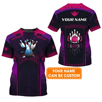 Bowling Custom Name T Shirt, The Blue Bowling Ball Crashing The Pins Purple Pattern Personalized T-Shirt For Men, Gift For Bowling Lovers, Bowlers