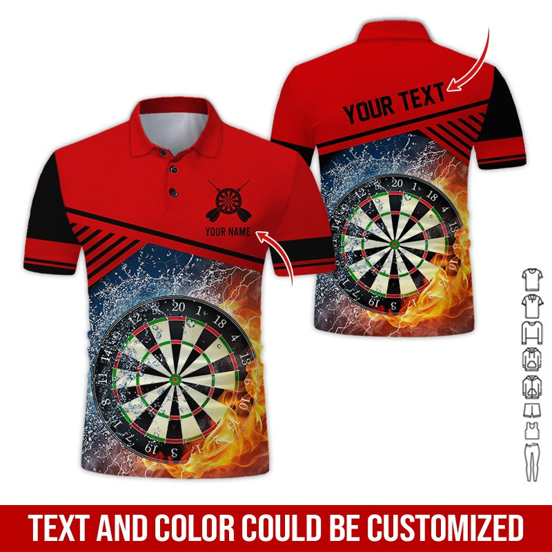Customized Name & Text Darts Polo Shirt, Dartboard In Water And Fire Personalized Polo Shirt For Men - Perfect Gift For Darts Lovers, Darts Players