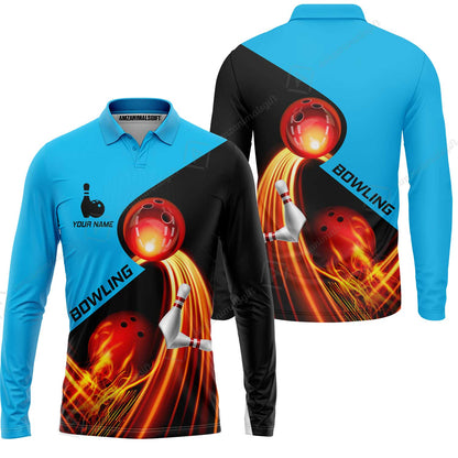 Custom Bowling Long Sleeve Polo Shirt - Amazing Fire Bowling Ball Pattern Personalized Name Hawaiian Shirt For Men & Women, Bowling Lover