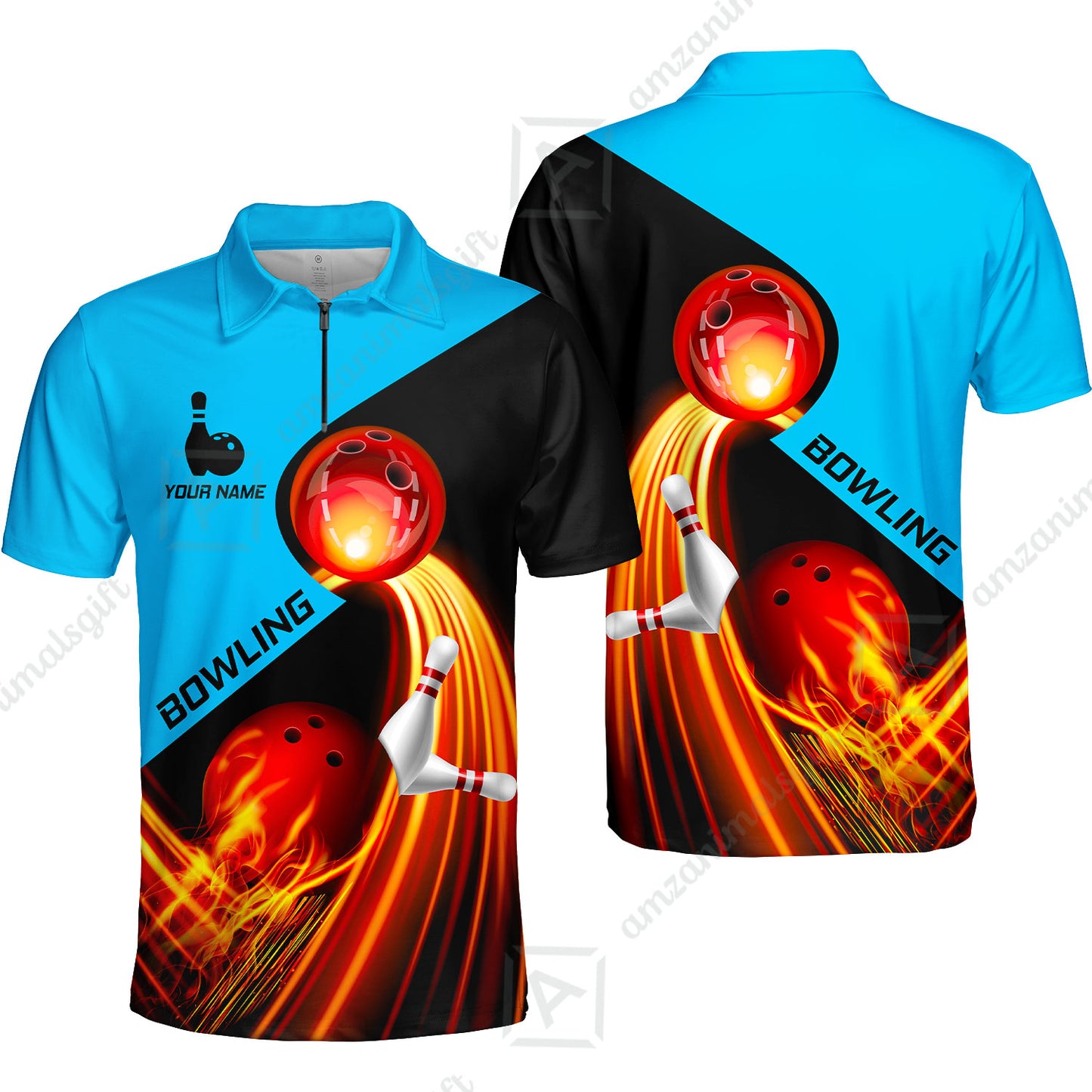Custom Bowling Quater-Zip Polo Shirt - Amazing Fire Bowling Ball Pattern Personalized Name Polo Shirt For Men & Women, Bowling Lover
