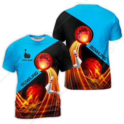 Custom Bowling T-Shirt - Amazing Fire Bowling Ball Pattern Personalized Name  T-Shirt For Men & Women, Bowling Lover