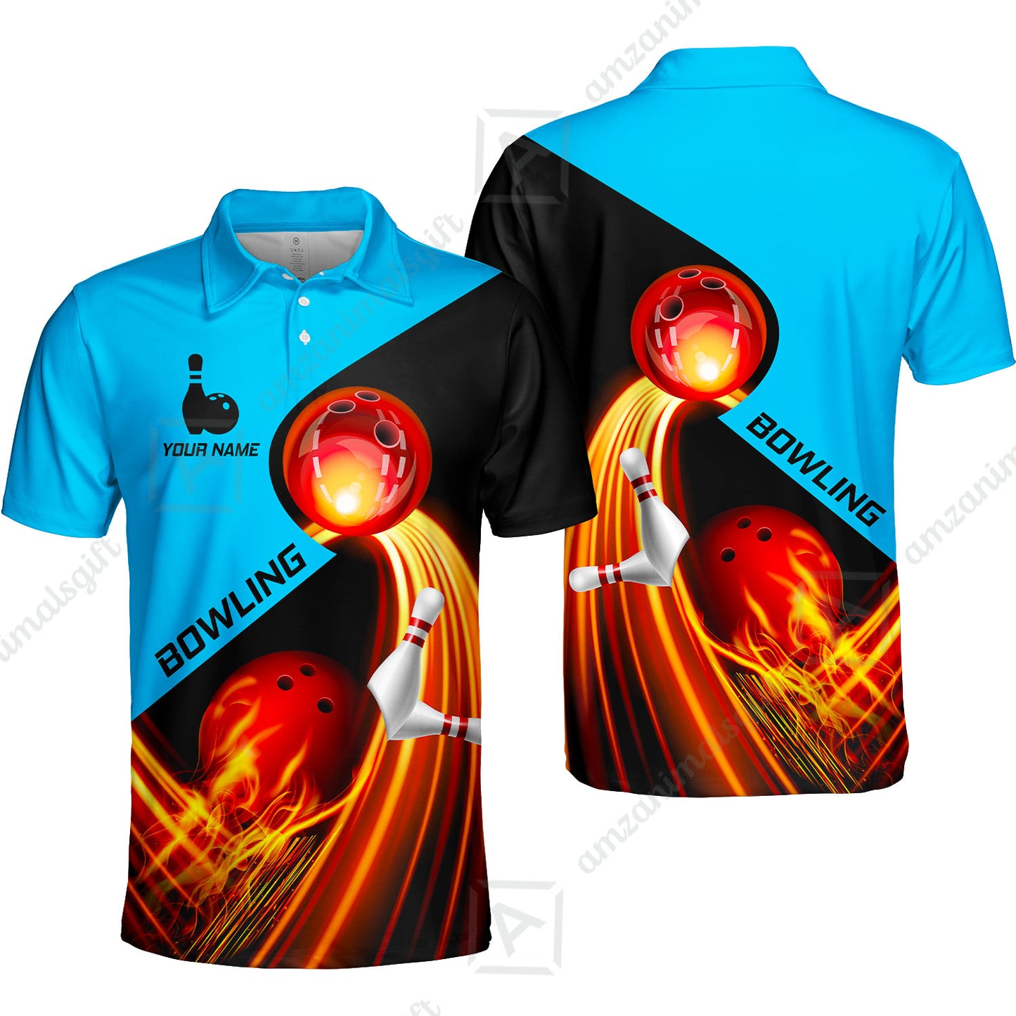 Custom Bowling Unisex Polo Shirt - Amazing Fire Bowling Ball Pattern Personalized Name Polo Shirt For Men & Women, Bowling Lover