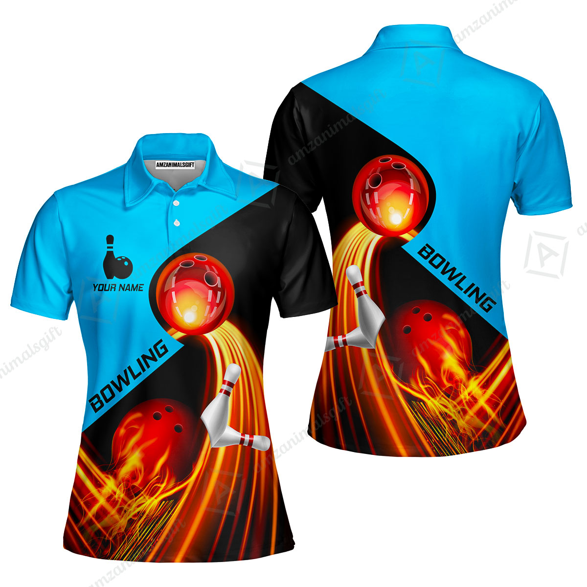 Custom Bowling Women Polo Shirt - Amazing Fire Bowling Ball Pattern Personalized Name Women Polo Shirt For Women, Bowling Lover