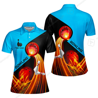 Custom Bowling Women Polo Shirt - Amazing Fire Bowling Ball Pattern Personalized Name Women Polo Shirt For Women, Bowling Lover