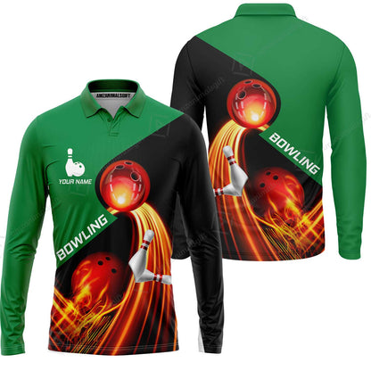 Custom Bowling Long Sleeve Polo Shirt - Amazing Fire Bowling Ball Pattern Personalized Name Hawaiian Shirt For Men & Women, Bowling Lover