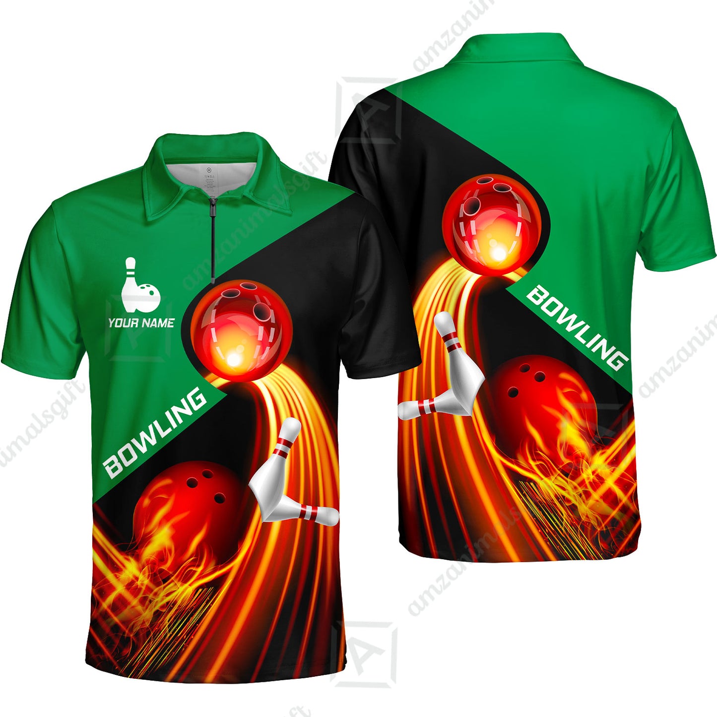 Custom Bowling Quater-Zip Polo Shirt - Amazing Fire Bowling Ball Pattern Personalized Name Polo Shirt For Men & Women, Bowling Lover