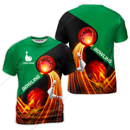 Custom Bowling T-Shirt - Amazing Fire Bowling Ball Pattern Personalized Name  T-Shirt For Men & Women, Bowling Lover
