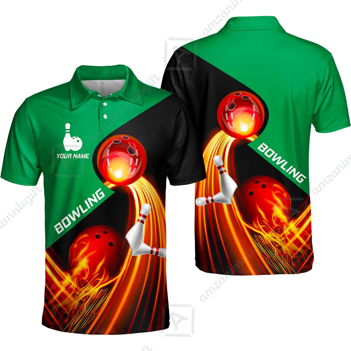 Custom Bowling Unisex Polo Shirt - Amazing Fire Bowling Ball Pattern Personalized Name Polo Shirt For Men & Women, Bowling Lover