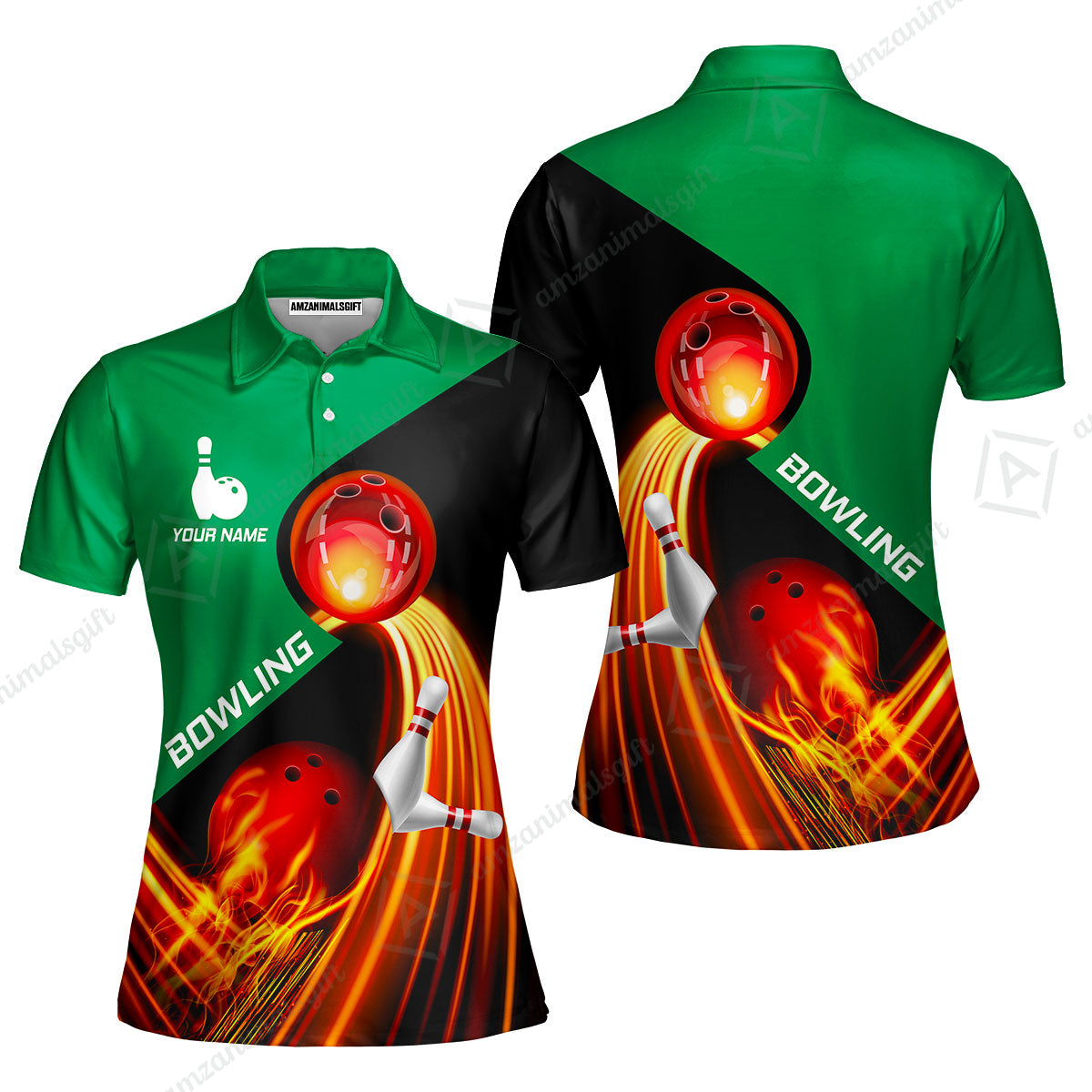 Custom Bowling Women Polo Shirt - Amazing Fire Bowling Ball Pattern Personalized Name Women Polo Shirt For Women, Bowling Lover