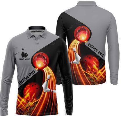 Custom Bowling Long Sleeve Polo Shirt - Amazing Fire Bowling Ball Pattern Personalized Name Hawaiian Shirt For Men & Women, Bowling Lover