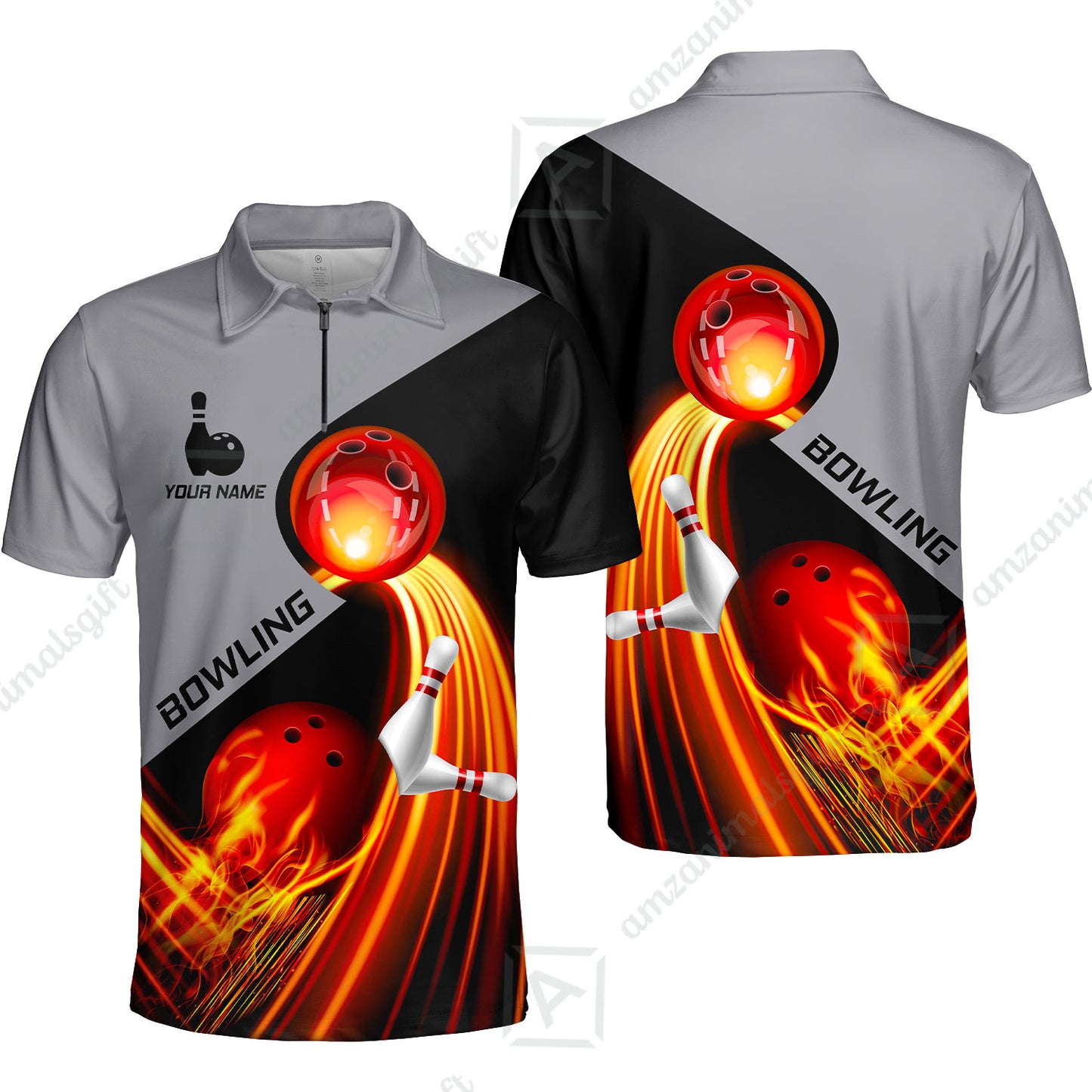 Custom Bowling Quater-Zip Polo Shirt - Amazing Fire Bowling Ball Pattern Personalized Name Polo Shirt For Men & Women, Bowling Lover