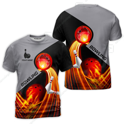 Custom Bowling T-Shirt - Amazing Fire Bowling Ball Pattern Personalized Name  T-Shirt For Men & Women, Bowling Lover
