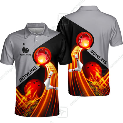 Custom Bowling Unisex Polo Shirt - Amazing Fire Bowling Ball Pattern Personalized Name Polo Shirt For Men & Women, Bowling Lover