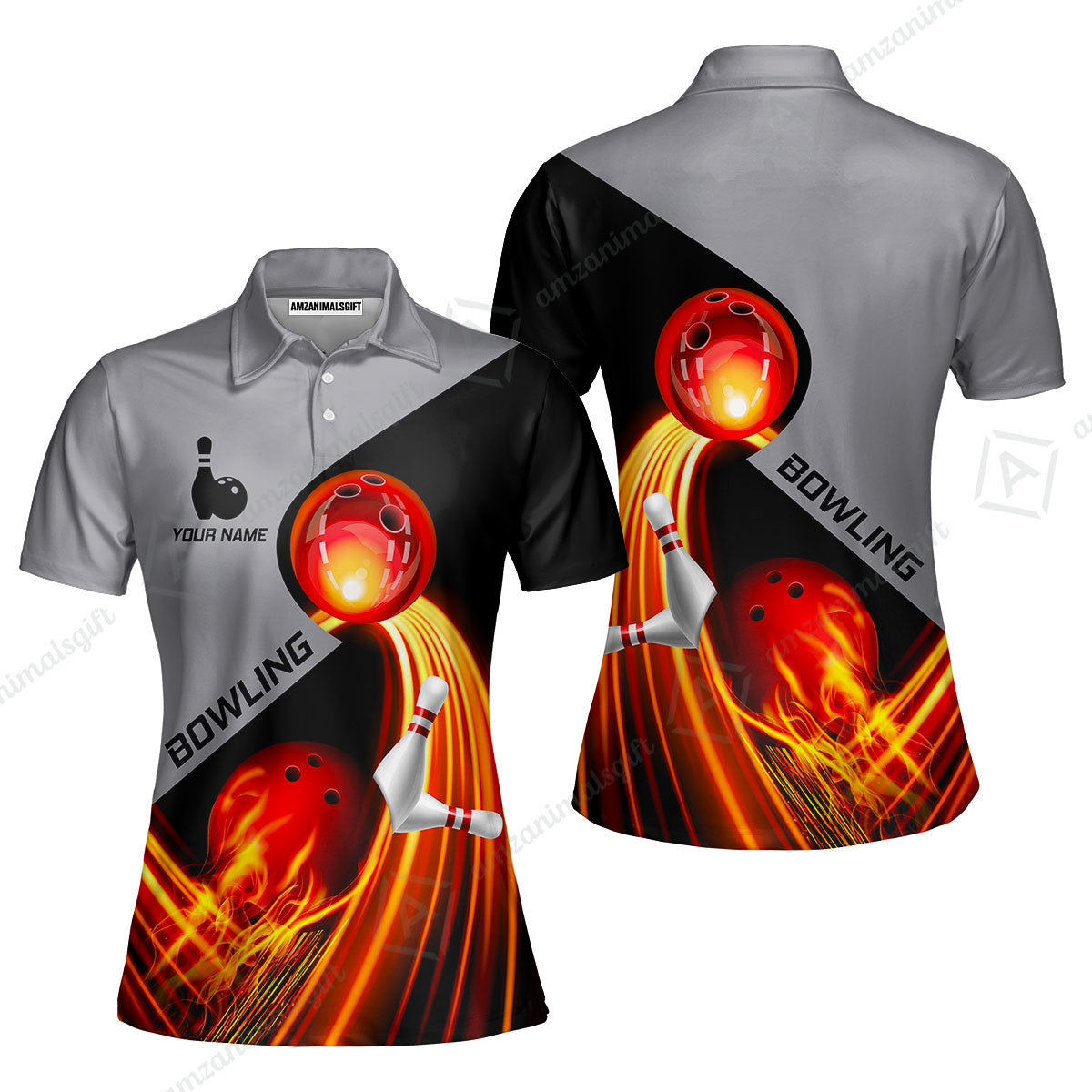 Custom Bowling Women Polo Shirt - Amazing Fire Bowling Ball Pattern Personalized Name Women Polo Shirt For Women, Bowling Lover
