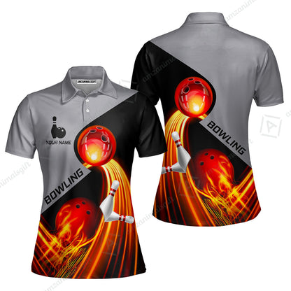 Custom Bowling Women Polo Shirt - Amazing Fire Bowling Ball Pattern Personalized Name Women Polo Shirt For Women, Bowling Lover