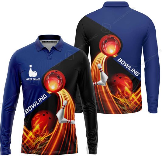 Custom Bowling Long Sleeve Polo Shirt - Amazing Fire Bowling Ball Pattern Personalized Name Hawaiian Shirt For Men & Women, Bowling Lover