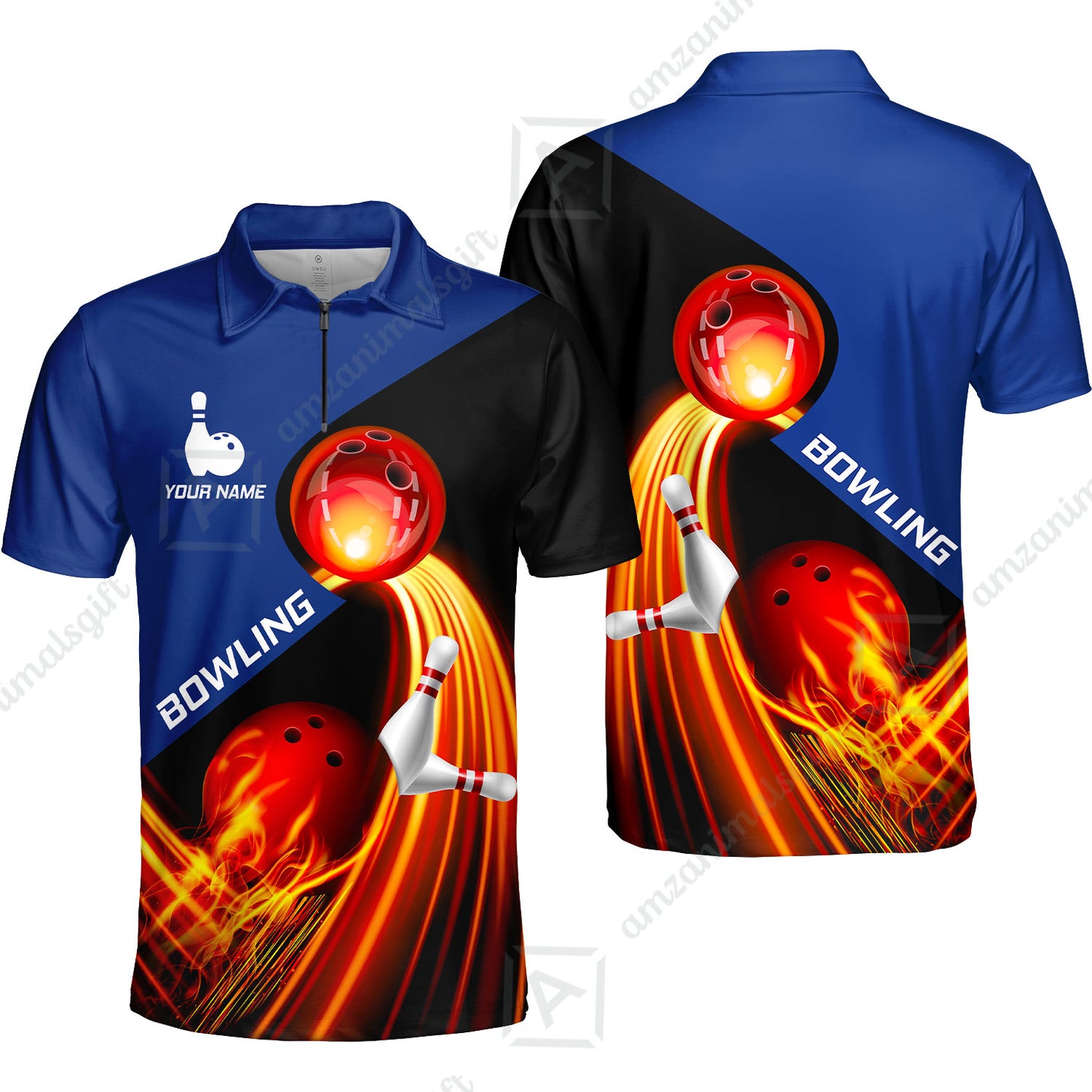 Custom Bowling Quater-Zip Polo Shirt - Amazing Fire Bowling Ball Pattern Personalized Name Polo Shirt For Men & Women, Bowling Lover
